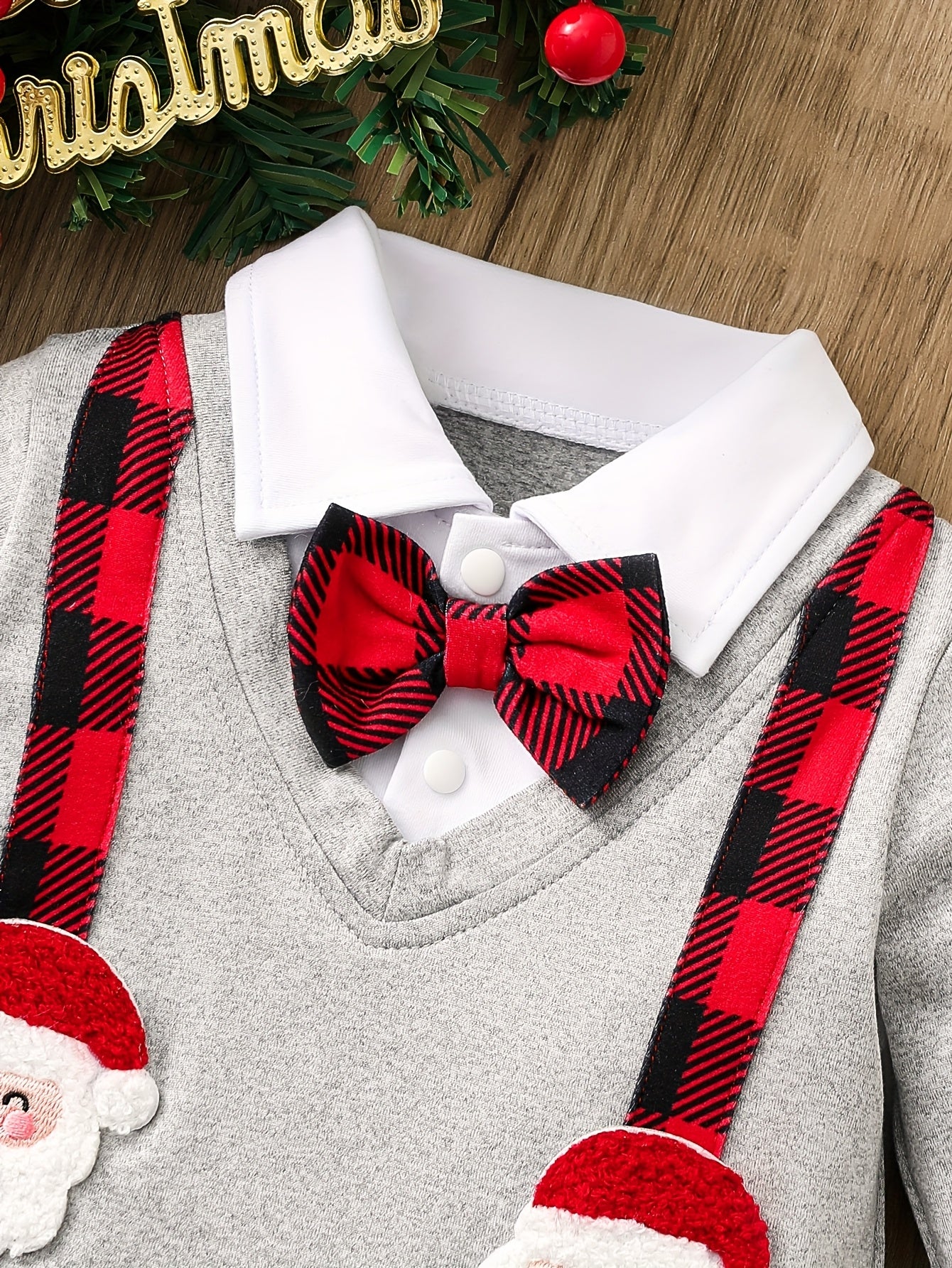 2pc Baby Christmas Romper Set with Bow Tie & Plaid