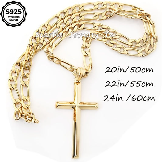 ✨ 925 Sterling Silver Cross & Figaro Chain Necklace for Men/Women