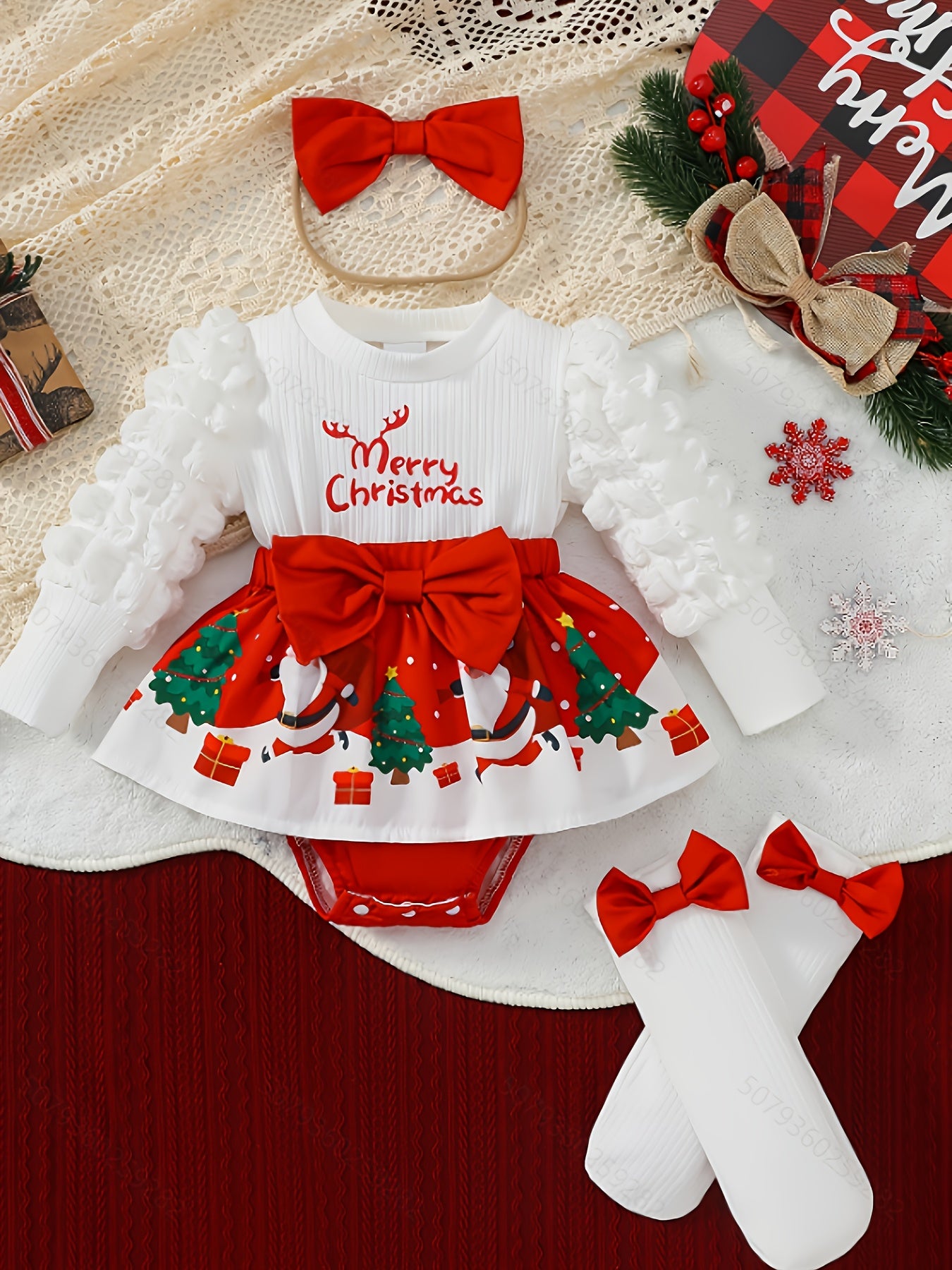 🎄 Christmas Baby Girl's 3-Piece Outfit: Santa Print Romper Dress, Headscarf & Socks Set (Long Sleeve, Round Neck, Lantern Sleeves)