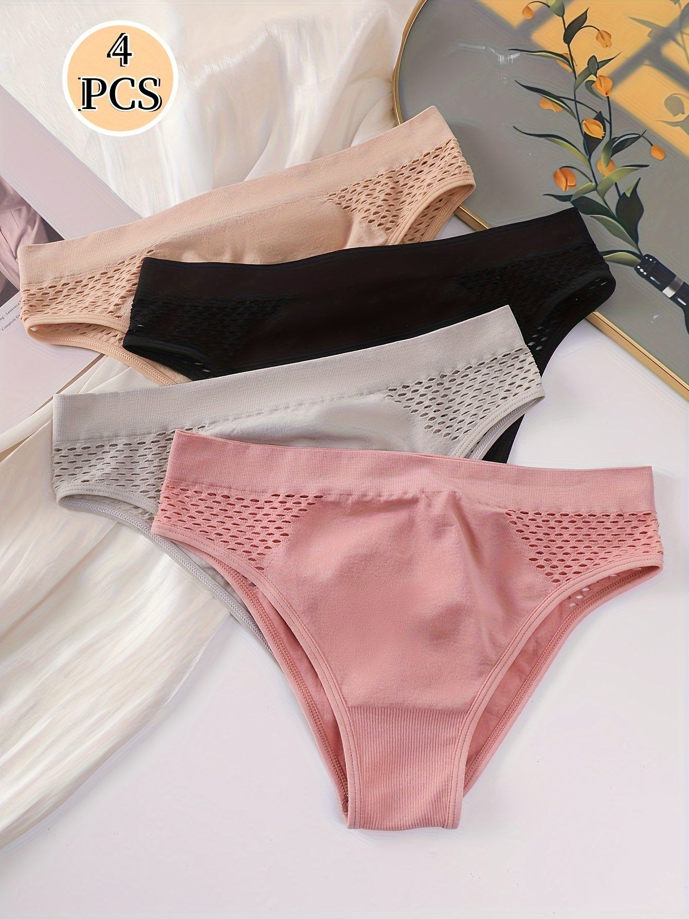Set of 4 Mixed Color Low-Rise Women'S Underwear with a Hollow Design, Sporty Style, Seamless, Suitable for And, Featuring a Unique Triangle Cut.