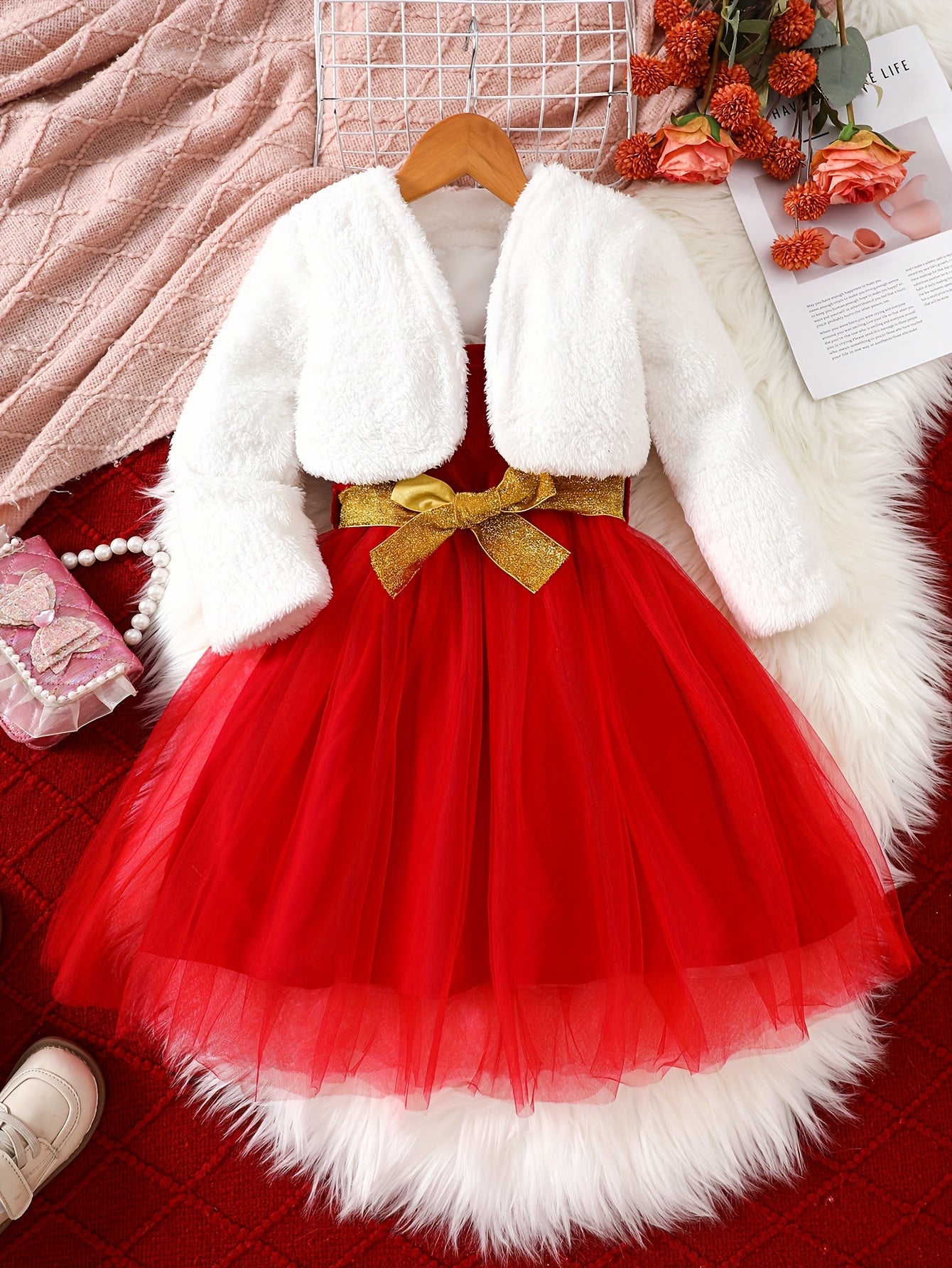 2pc Girls' Furry Coat & Spaghetti Strap Mesh Dress Set