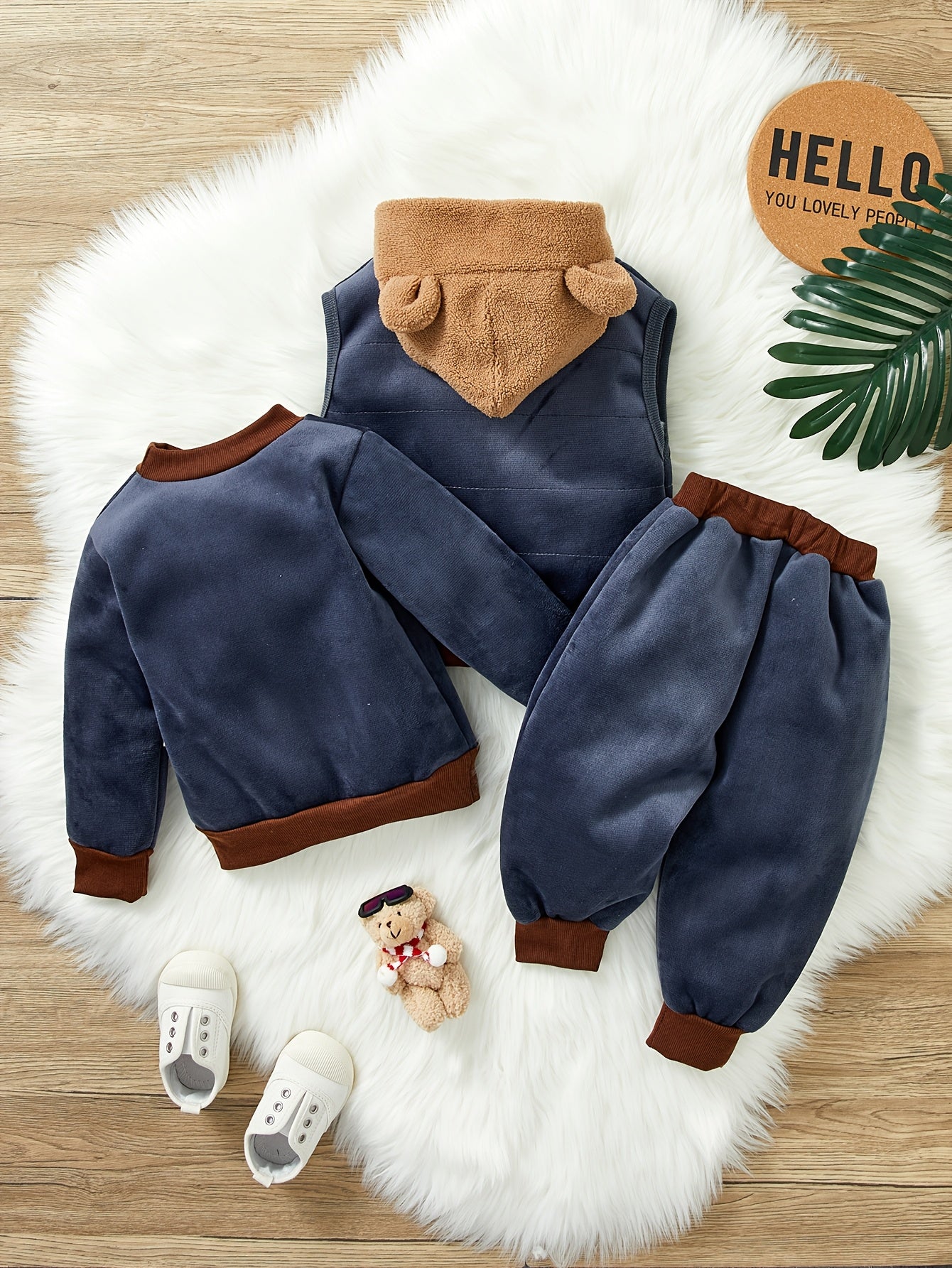 🐻 HIBOBI 3-Piece Toddler Boy's Fleece Sweater Set: Bear Embroidered Padded Hoodie, Long Sleeve Shirt & Pants (Cozy Fall/Winter Outfit)