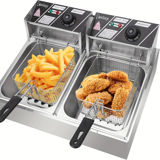 Stainless Steel Electric Deep Fryer (2 Baskets, Temp Control)