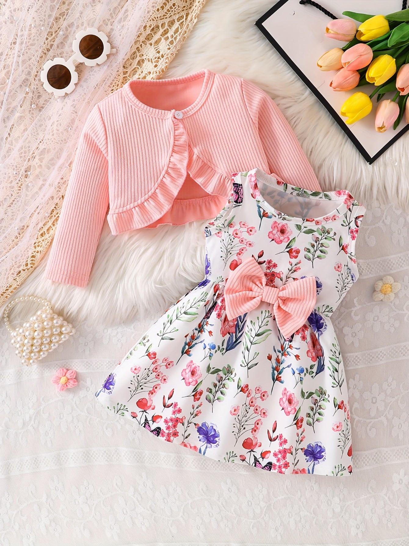 Girls' Elegant Pink Plaid Ruffle Jacket & Butterfly Dress Set