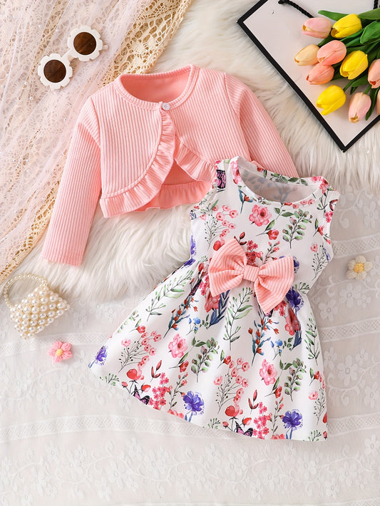 Girls' Elegant Pink Plaid Ruffle Jacket & Butterfly Dress Set