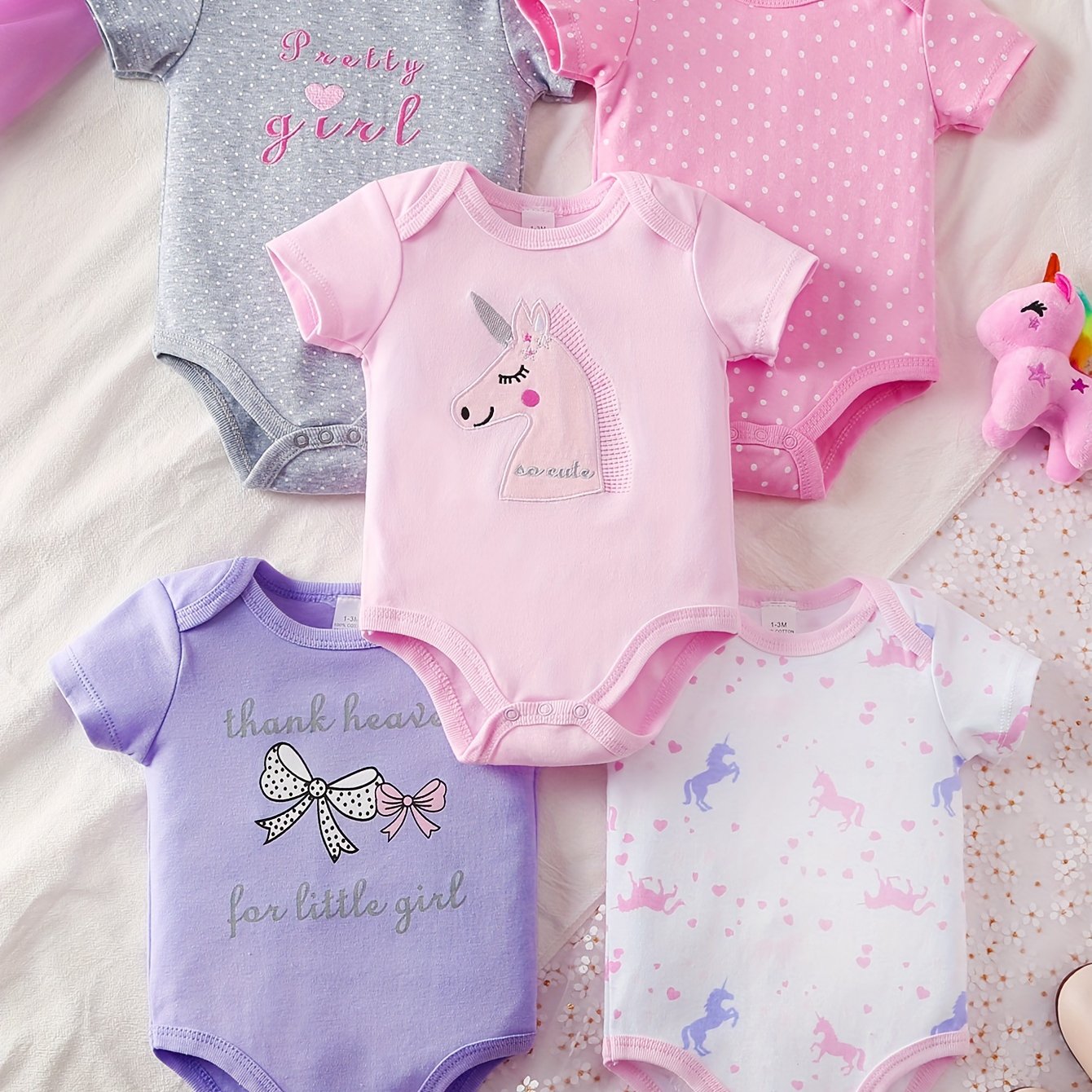 🐻 5-Piece Baby Girl Animal Print Onesies Set: Snap Closure Rompers (Cow, Chicken, Bunny, Bear) - All-Season Outfits for 0-24 Months
