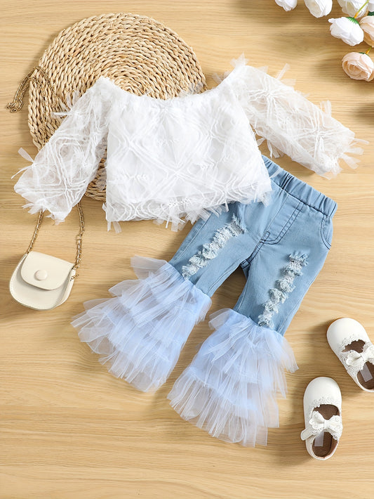 White Lace Off-The-Shoulder & Faux Denim Bell Bottom Set