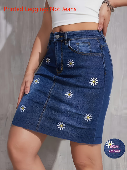 Floral Print A-Line Skirt – Elegant Digital Print Faux Denim Design