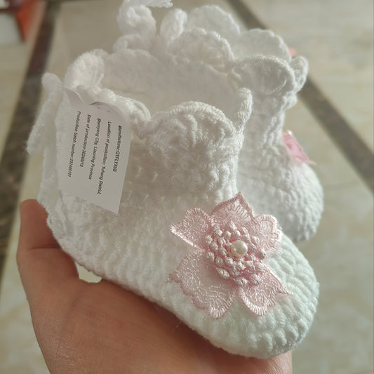 Baby Girl Floral Knitted Lace-Up Booties