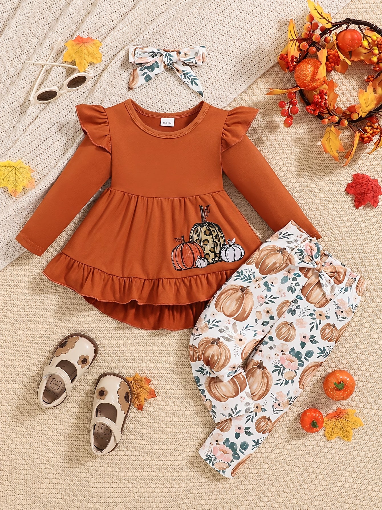 🎃 Baby Girl's 3-Piece Halloween Outfit: Pumpkin Print Long-Sleeve Ruffled Top, Matching Pants & Hair Accessory (Soft Knit, Fall/Winter Casual)