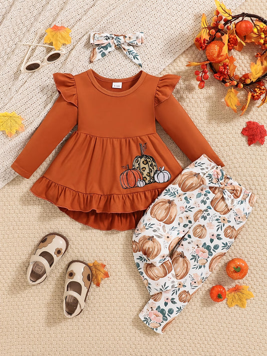 🎃 Baby Girl's 3-Piece Halloween Outfit: Pumpkin Print Long-Sleeve Ruffled Top, Matching Pants & Hair Accessory (Soft Knit, Fall/Winter Casual)