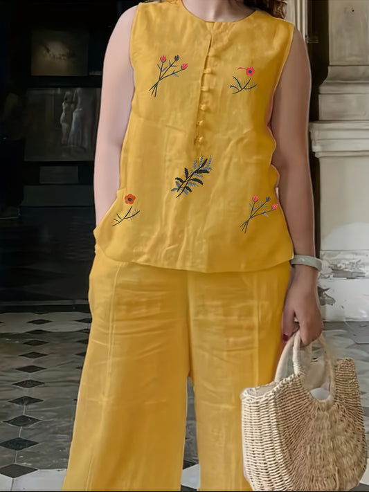 🐉 Chinese Style Embroidered Two-Piece Set for Women - Breathable Vest & Elegant Pants