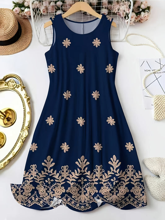 Spring/Summer New Fashion Printed Round Neck Sleeveless Beautiful Dress for Women