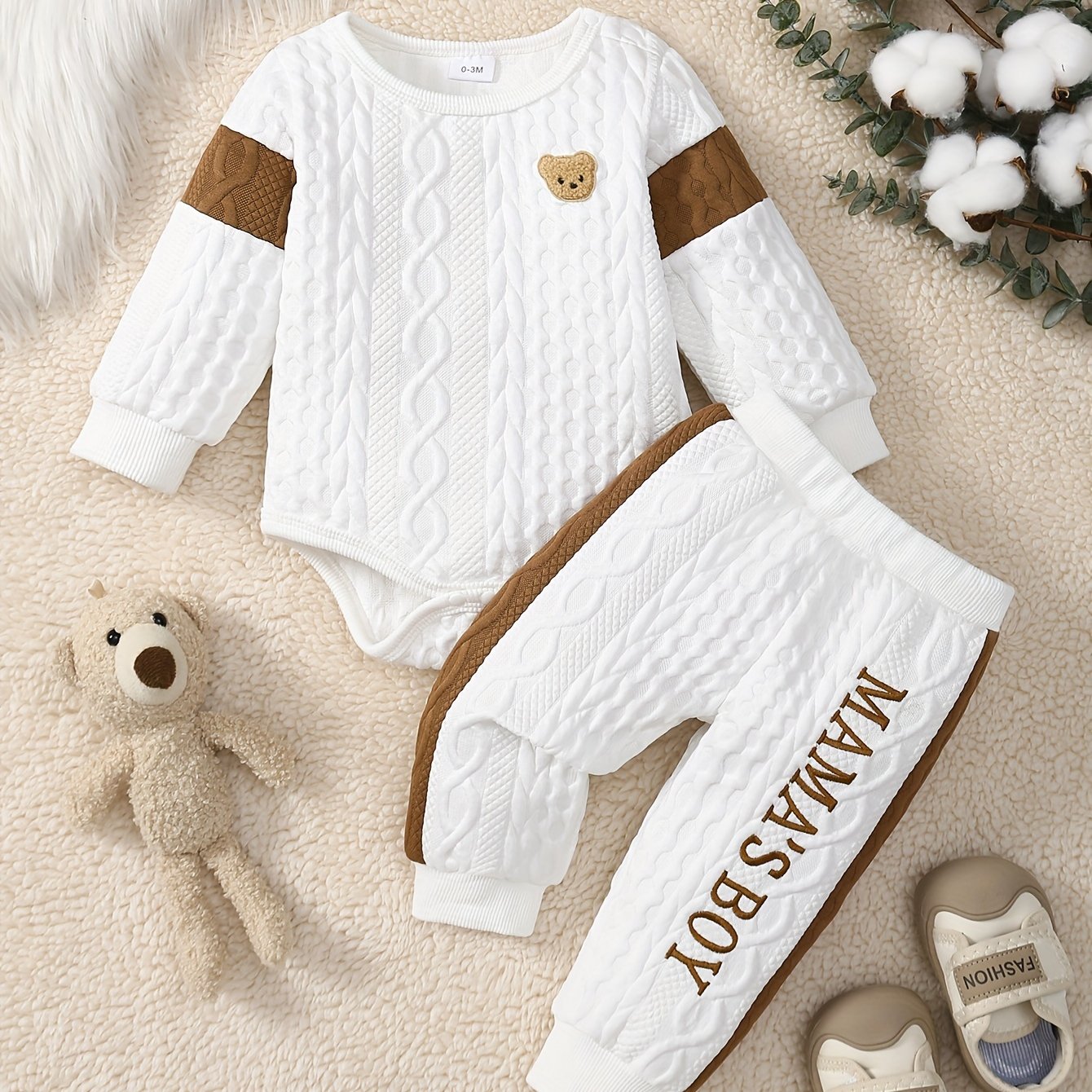 2pc Baby Boy Bear Romper & "Mom'S Boy" Pants Set