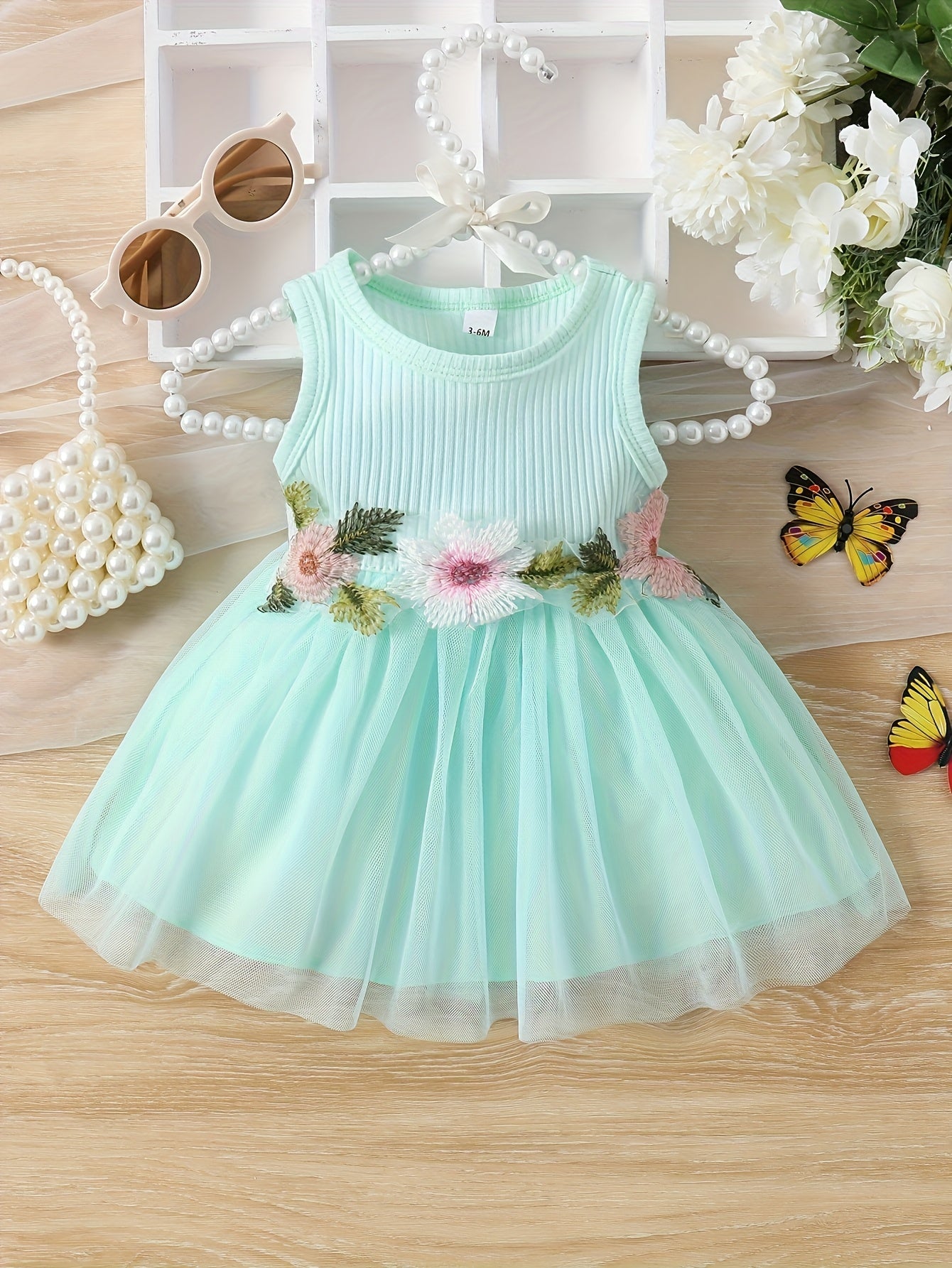 ☀️ Infant & Toddler Girl's Summer Vest Dress: Floral Waist Decor, Round Neck Casual Style