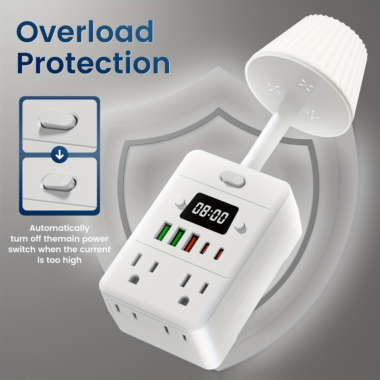 11-in-1 Power Strip with Clock, Desk Lamp & Overload Protection