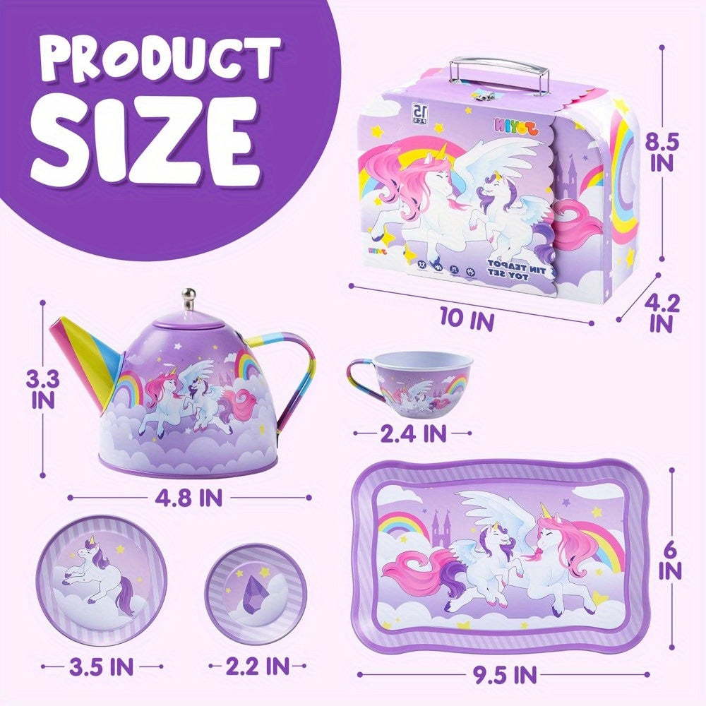 🦄 Unicorn Princess Tea Party Set: Purple Tin Teapot, Cups, and Plates - Pretend Play Kitchen Toys (Perfect Birthday/Christmas Gift for Little Girls)