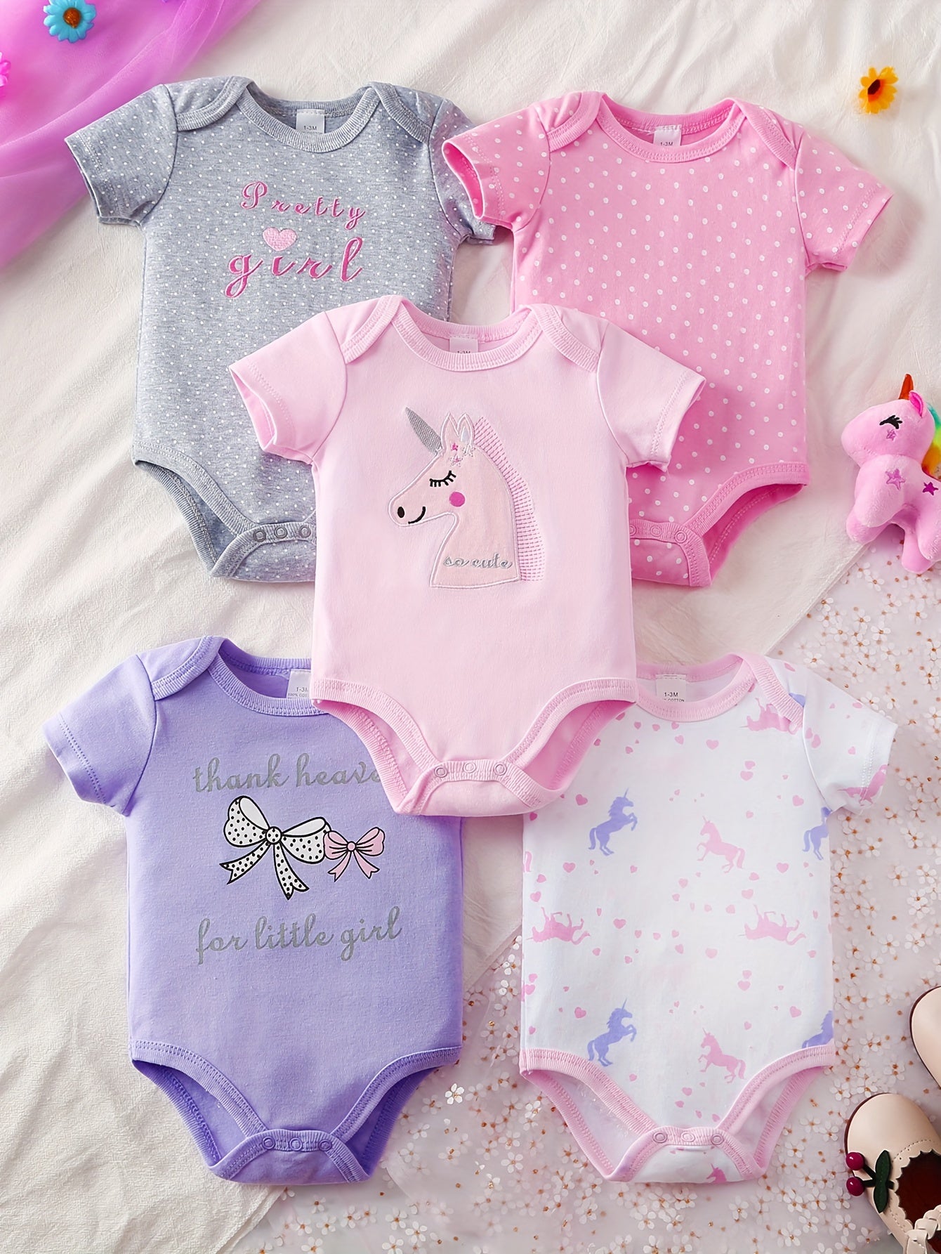 🐻 5-Piece Baby Girl Animal Print Onesies Set: Snap Closure Rompers (Cow, Chicken, Bunny, Bear) - All-Season Outfits for 0-24 Months