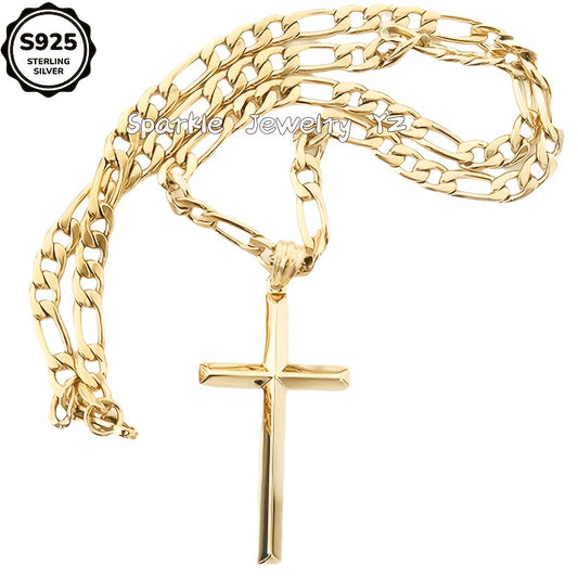 ✨ 925 Sterling Silver Cross & Figaro Chain Necklace for Men/Women