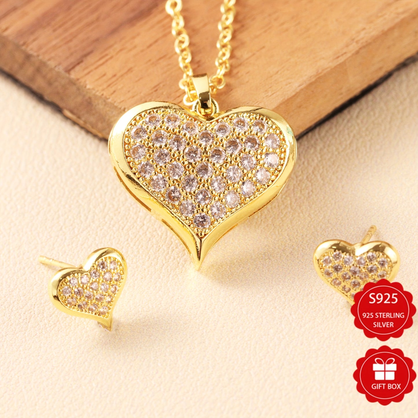 💎 925 Sterling Silver & 5A Zirconia Jewelry Set: Luxury Love Earrings and Carved Pendant Necklace Gift for Her