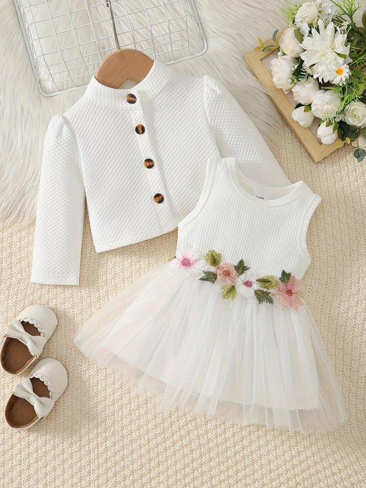 🌸 2-Piece Girl's Casual Suit: Solid Texture Long Sleeve T-Shirt with Flower Applique Mesh Dress (Fashionable Holiday Outfit)