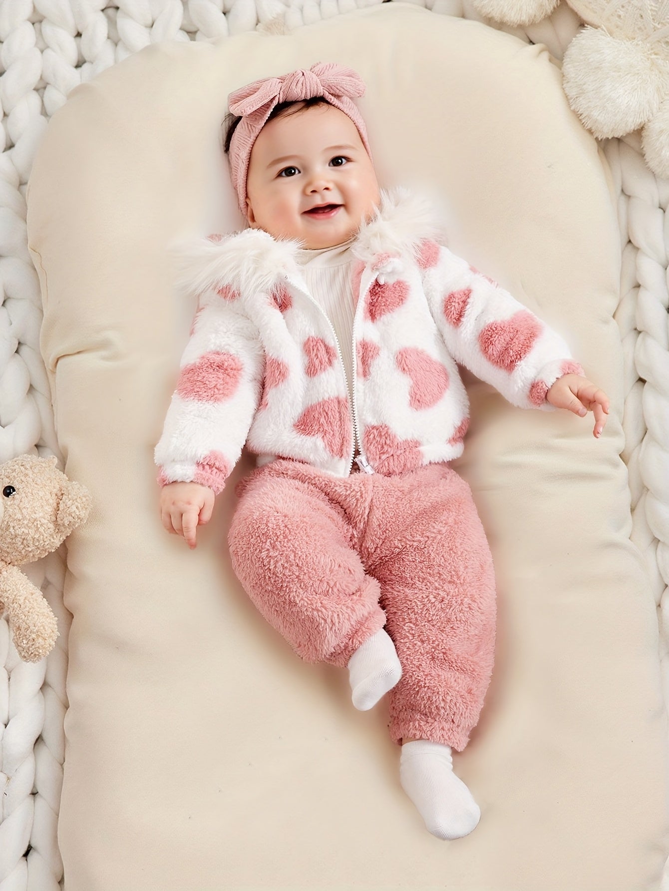 💖 Baby Girl's Warm 2-Piece Winter Set: Plush Heart-Patterned Fleece Hooded Jacket (Fur Zipper Outerwear) & Elastic Waist Warm Pants