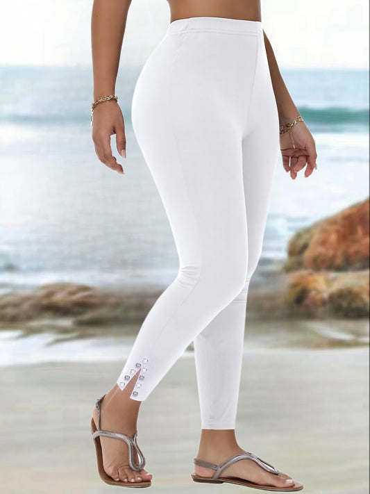 Women's Rhinestone-Embedded Pants with Split-Thigh design - Tight-Fit High-Elasticity - Wearable for Commuting, Dates & Parties - Sparkling Solid Color (Machine Washable) - Non- Suitable for -outfits