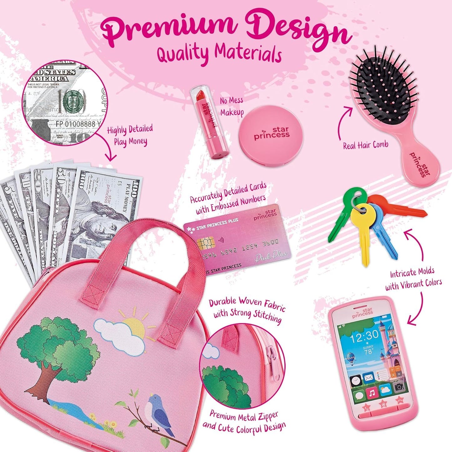 Play Purse Set for Toddlers with Pretend Makeup & Smartphone