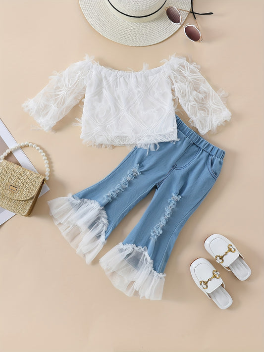 White Lace Off-The-Shoulder & Faux Denim Bell Bottom Set