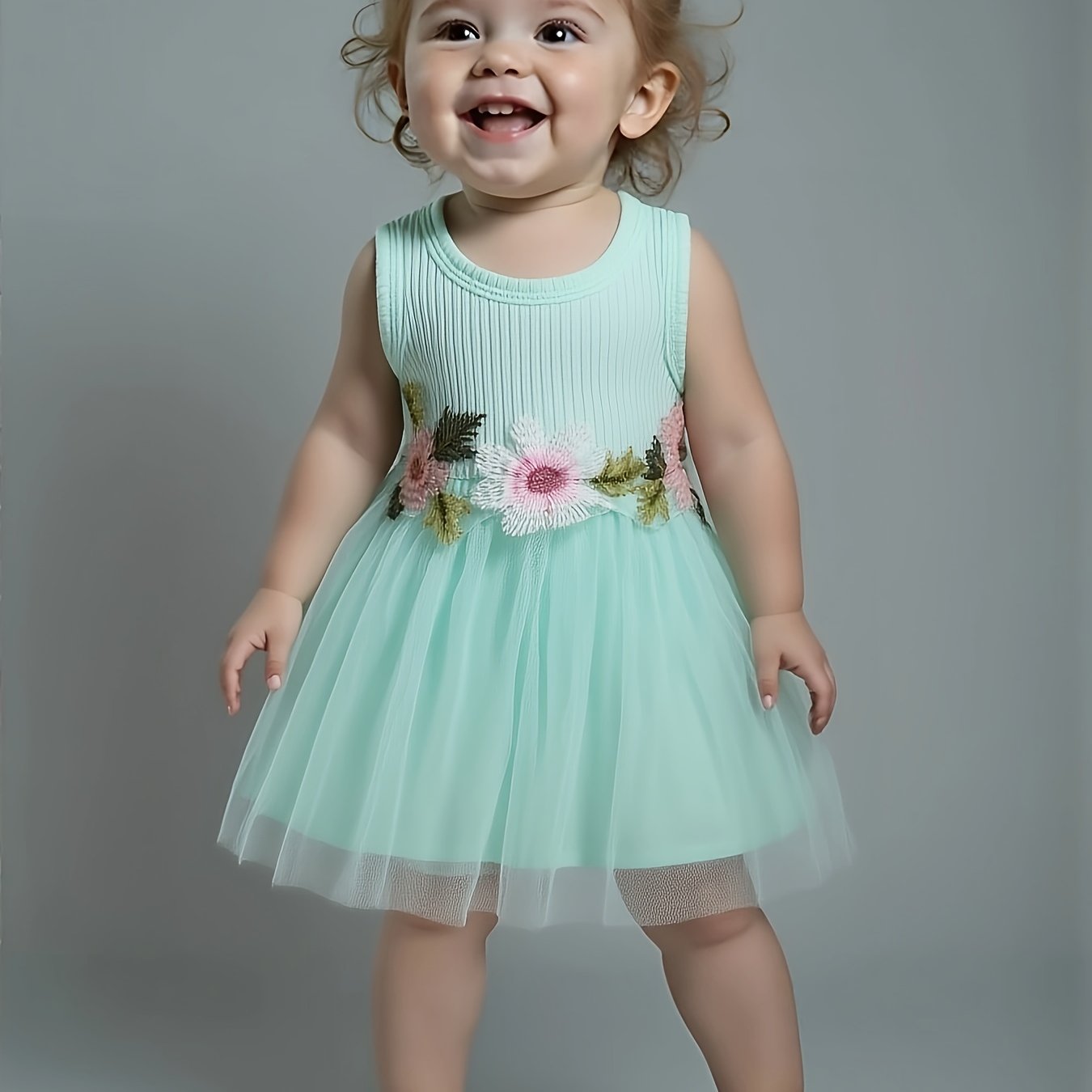 ☀️ Infant & Toddler Girl's Summer Vest Dress: Floral Waist Decor, Round Neck Casual Style