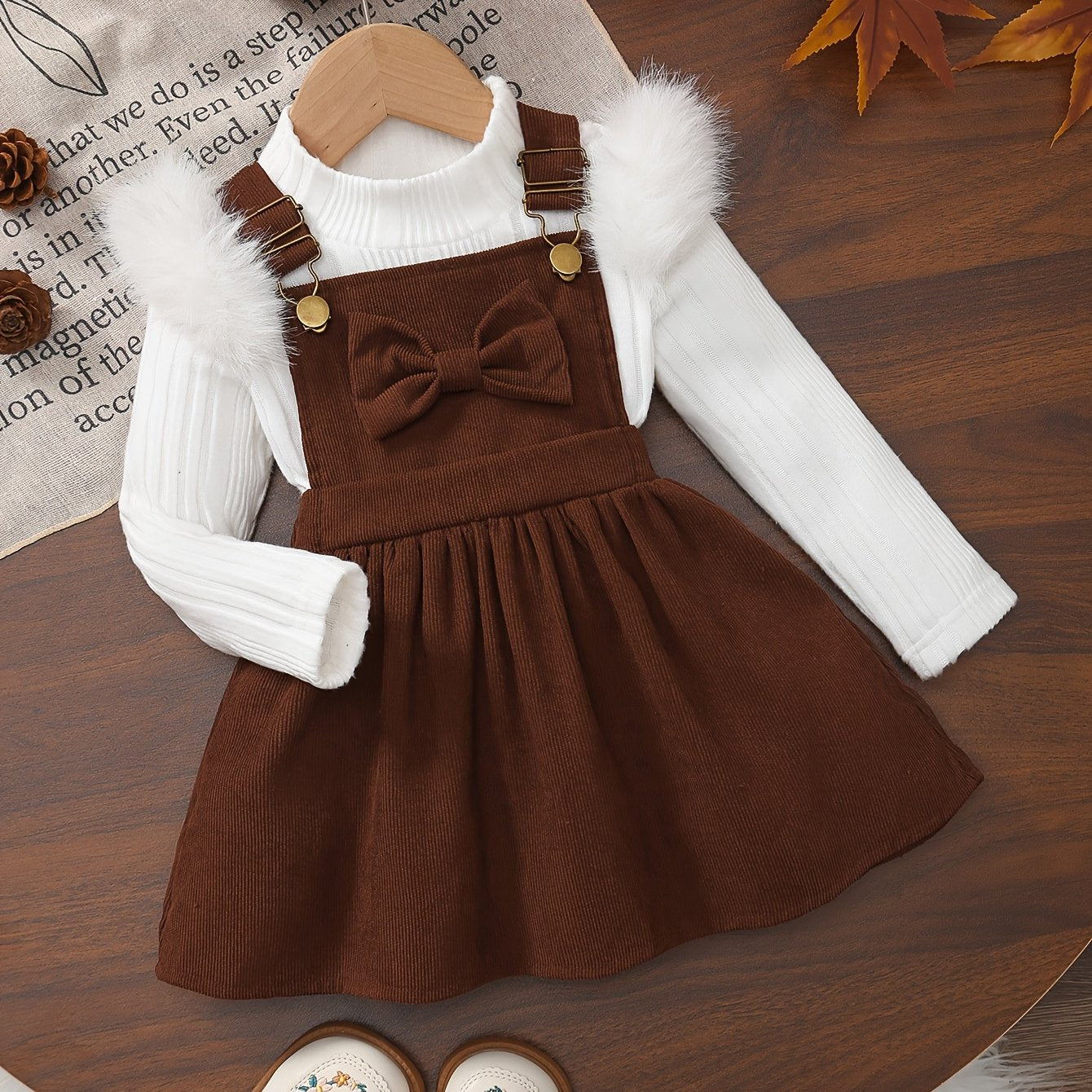 2pc Fluffy Sleeve Smock Dress Winter Set
