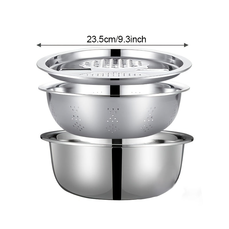 3-Piece Stainless Steel Kitchen Prep Set: Grater, Colander & Mixing Bowl