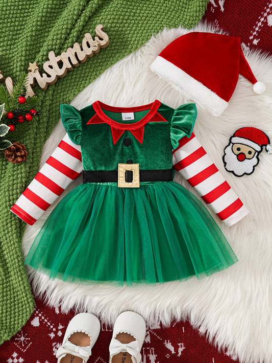 Baby Girl Green Tulle Dress with Stripes & Santa Hat