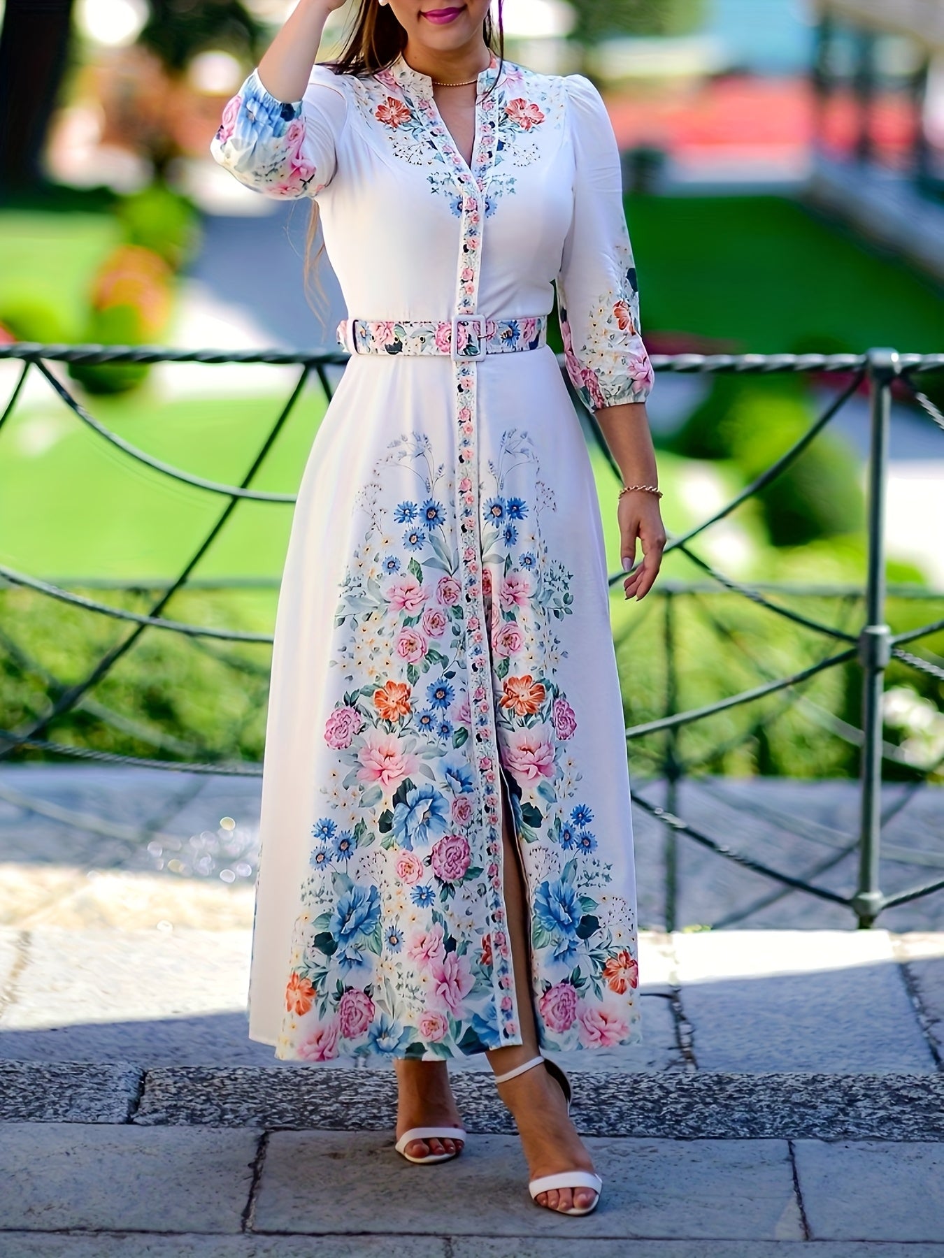 🌸 Elegant Floral Print Midi Dress: Belted Waist, Three-Quarter Sleeves (Lightweight Polyester, Spring/Fall Women's Fashion)