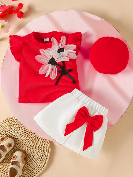 Baby Girl 3pc Summer Set - Red Puff Sleeve Top & White Bow Skirt with Beret