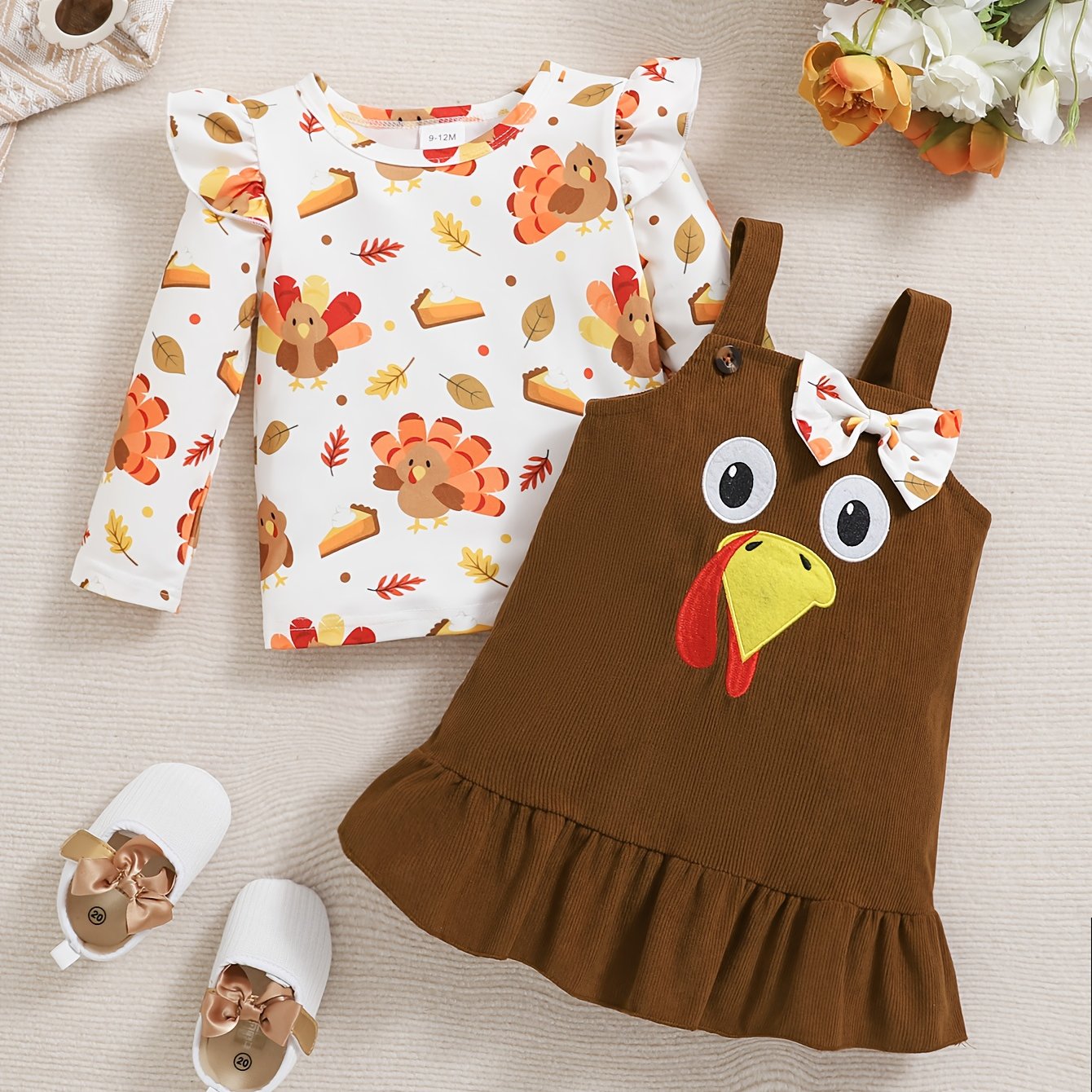 🦃 Baby Girl's 2-Piece Thanksgiving Outfit: Turkey Print Long-Sleeve Crewneck Top & Brown Bowknot Embroidered Pinafore Dress