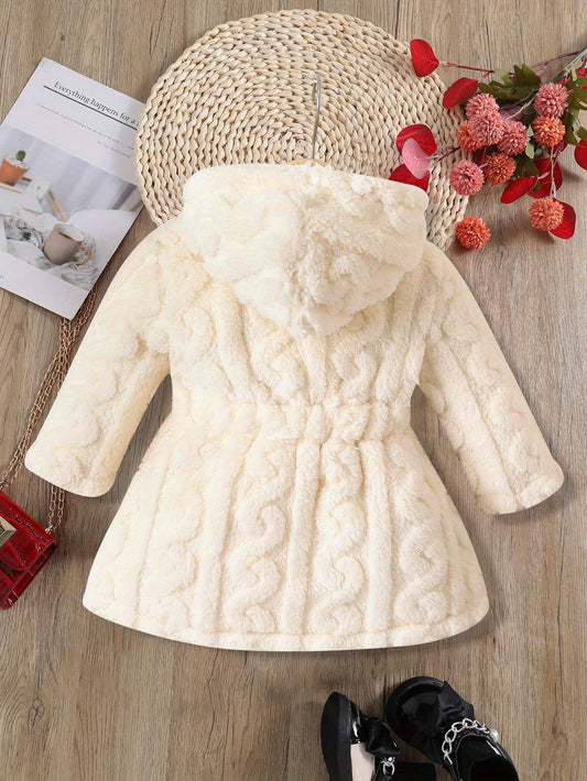 🧥 Girls' Autumn/Winter Solid Color Plush Coat: Zipped Hooded Fur Top with Ribbed Corset Detail - Soft, Comfortable & Warm