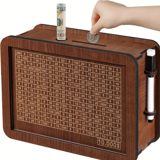 Wooden Savings Box with Money Goal Tracking – Numbered Cash Saver Bank