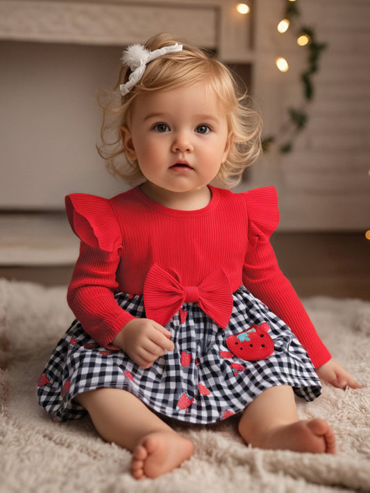 ❤️ Red & Black Gingham Checkered Ruffle Dress for Baby Girls: Long Sleeve, Round Neck, Umbrella Cut (Soft Fabric, Easy Diaper Change) - Perfect Christmas Outfit