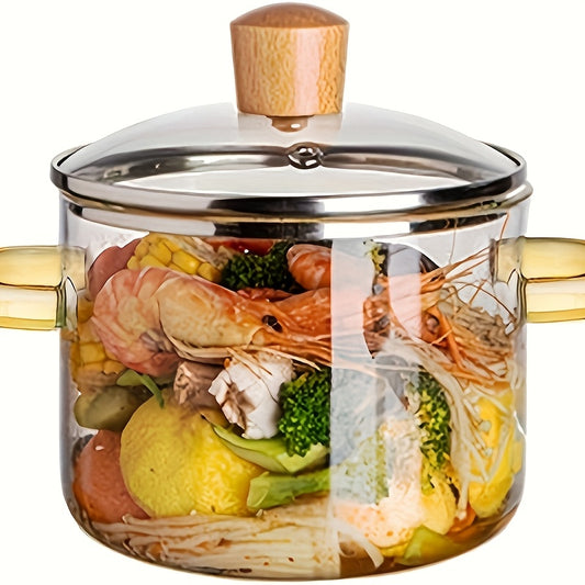 54oz Borosilicate Glass Cooking Pot with Yellow Handle – Stovetop & Oven Safe