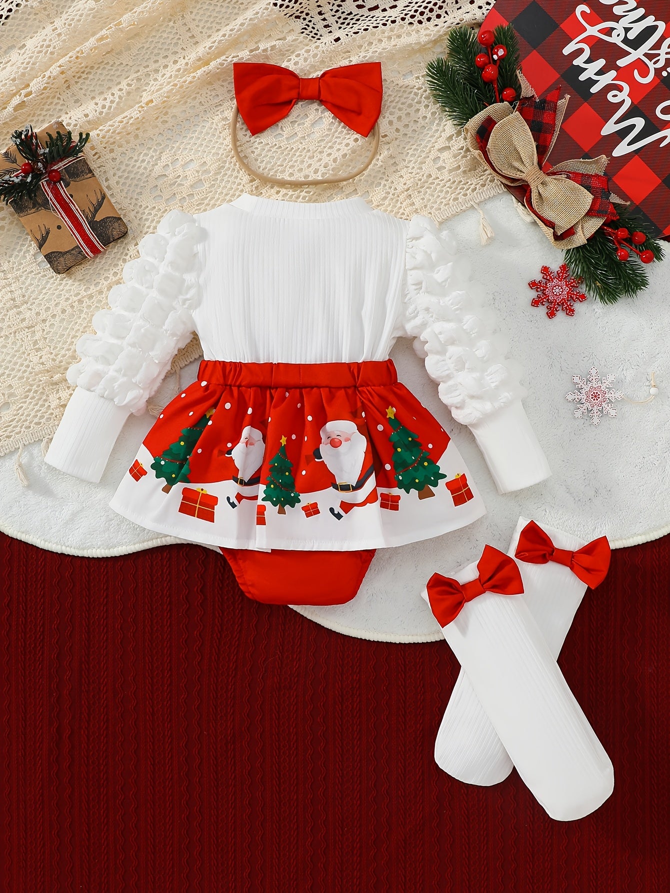 🎄 Christmas Baby Girl's 3-Piece Outfit: Santa Print Romper Dress, Headscarf & Socks Set (Long Sleeve, Round Neck, Lantern Sleeves)