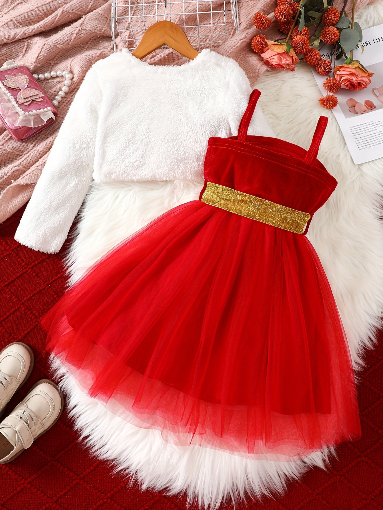 2pc Girls' Furry Coat & Spaghetti Strap Mesh Dress Set