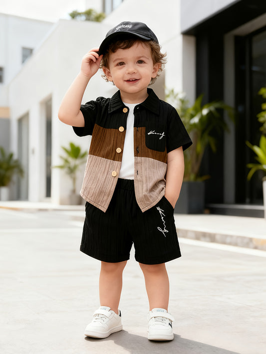 Baby Boys' 3pc Summer Outfit Set: Wave Collar Shirt, Tank & Shorts (3-12M)