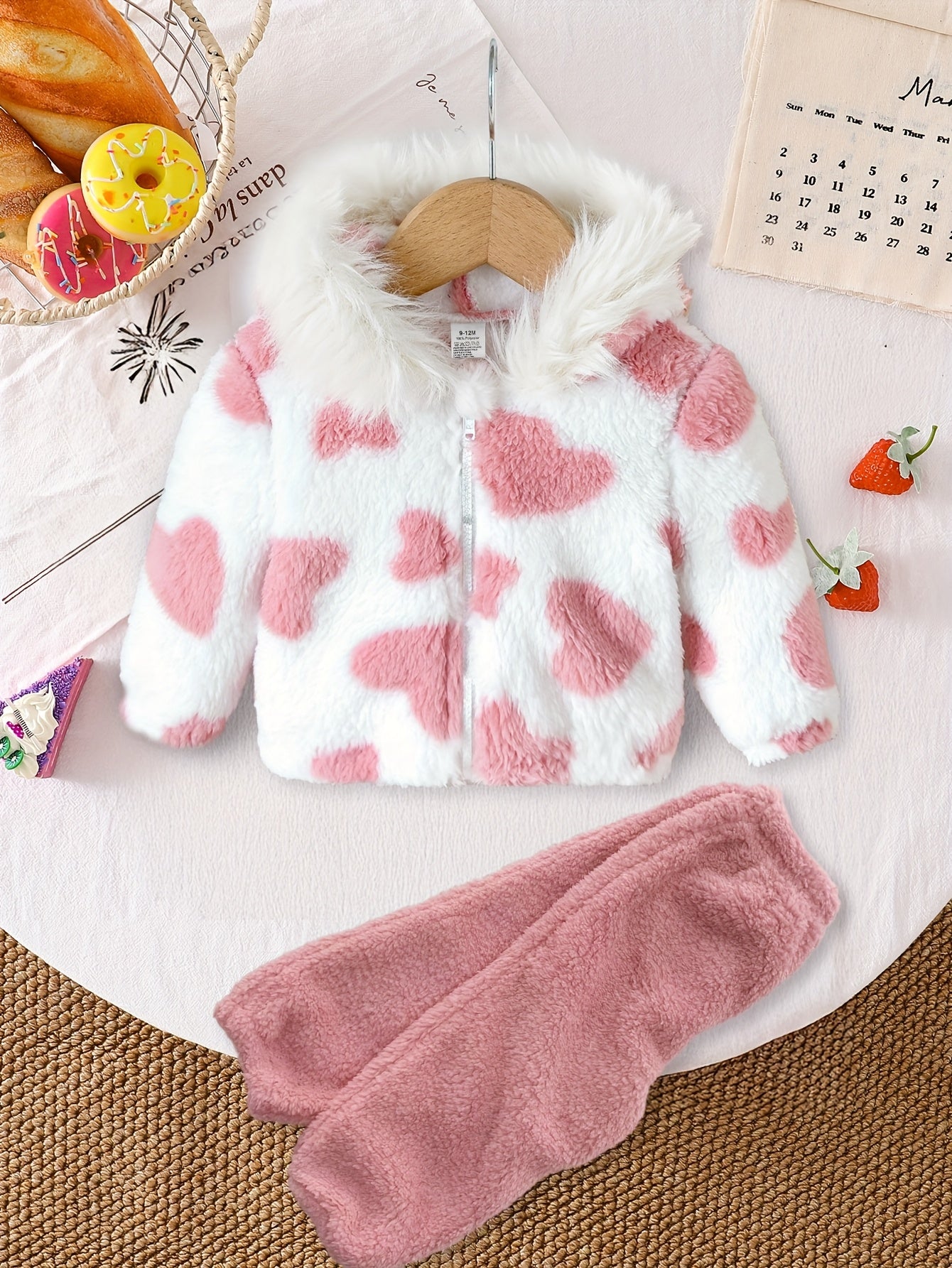💖 Baby Girl's Warm 2-Piece Winter Set: Plush Heart-Patterned Fleece Hooded Jacket (Fur Zipper Outerwear) & Elastic Waist Warm Pants