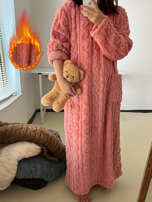 🛀 Women's Super Soft Thick Coral Fleece Robe: High Quality Winter Sleepwear with Pocket (Long Sleeve, Cozy Warm Loungewear)