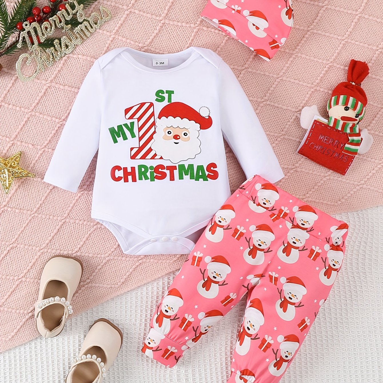3pc Christmas Bodysuit, Pants, & Hat Set