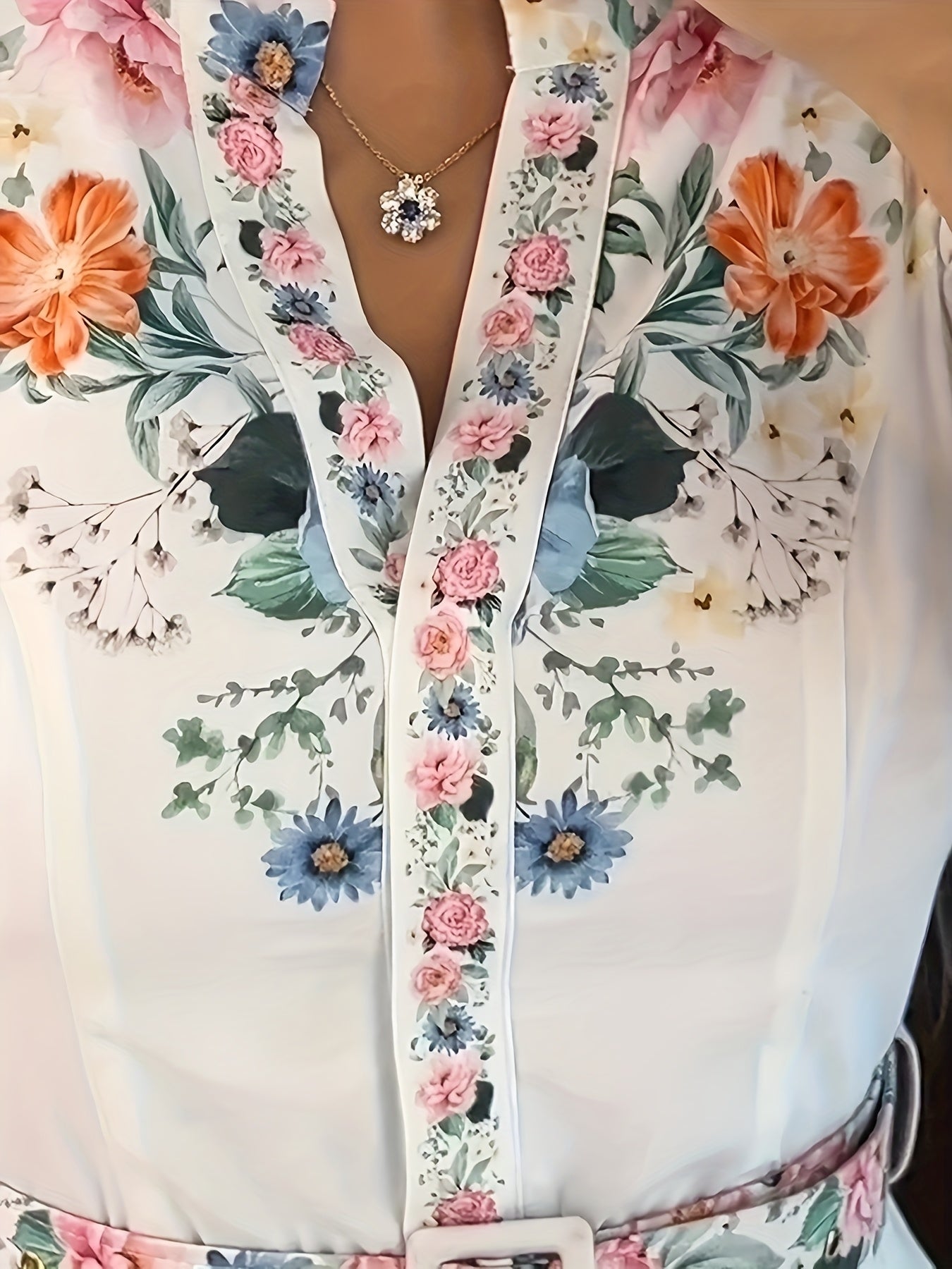 🌸 Elegant Floral Print Midi Dress: Belted Waist, Three-Quarter Sleeves (Lightweight Polyester, Spring/Fall Women's Fashion)