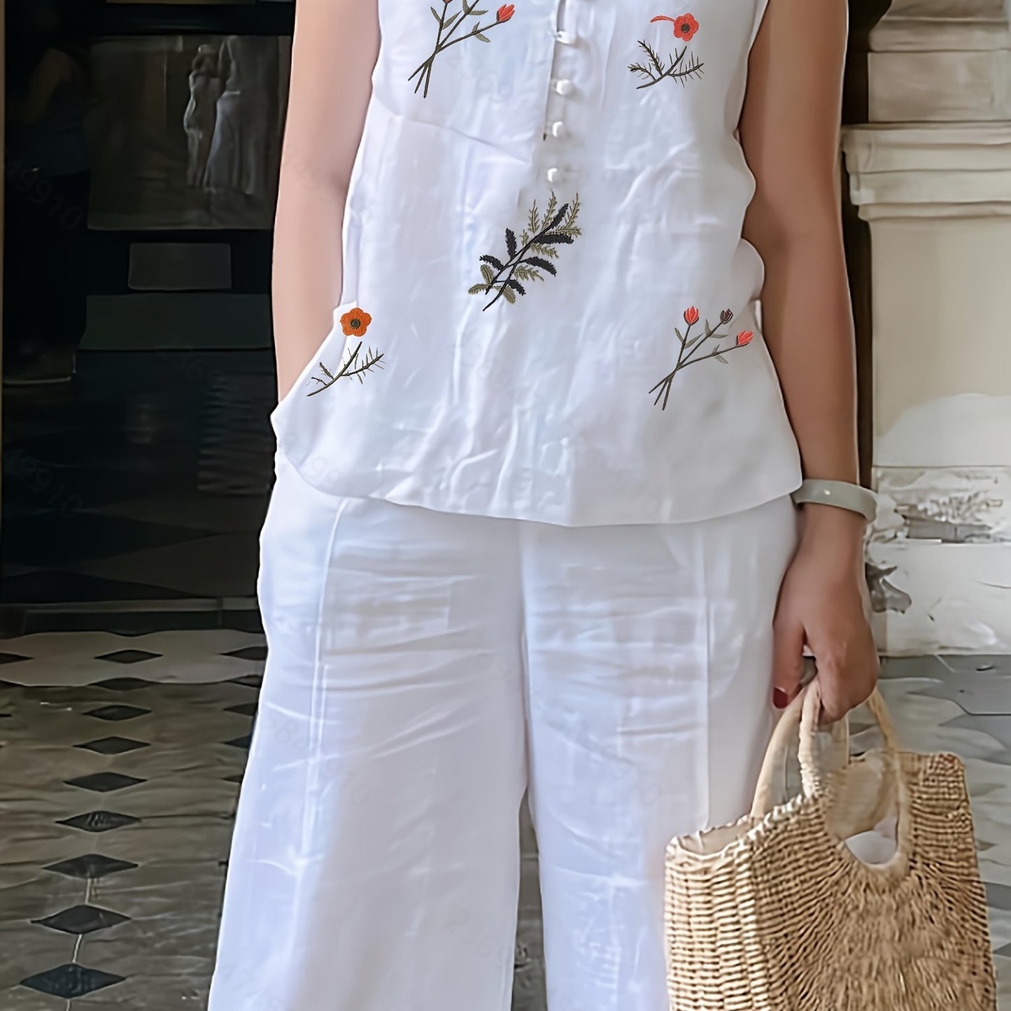 🐉 Chinese Style Embroidered Two-Piece Set for Women - Breathable Vest & Elegant Pants