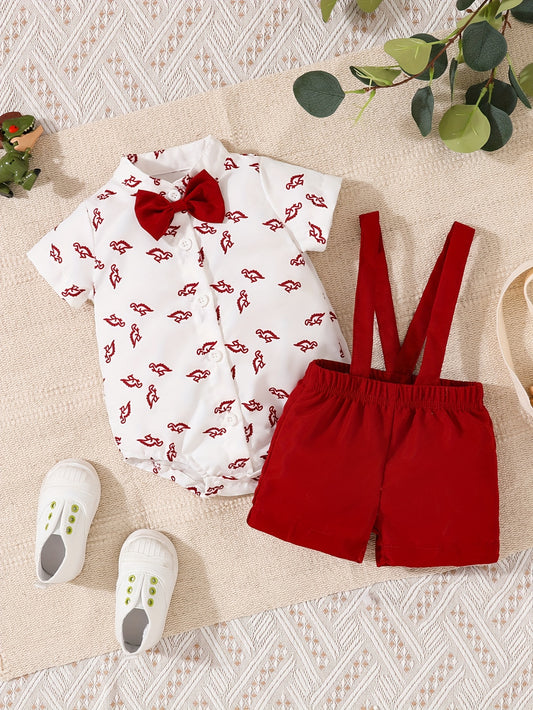 Baby Boy Dino Print Shirt & Suspender Shorts Set (2pc)