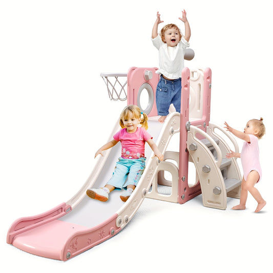 🏀 6-in-1 Kids Playset: Indoor/Outdoor Slide with Basketball Hoop, Ball, and Ring Toss